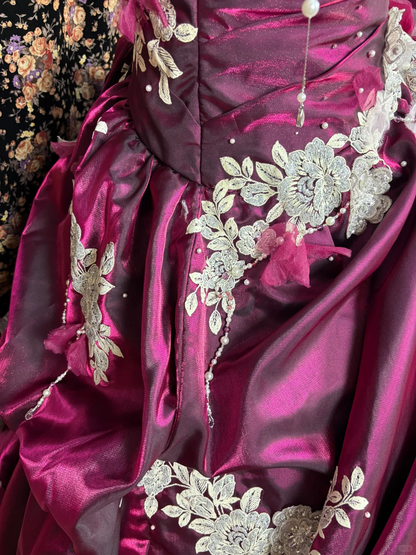 Vintage Pink Purple Ball Gown Strapless Lace Ruffle Tulle Prom Dress Sweet 16 Dress DP5658
