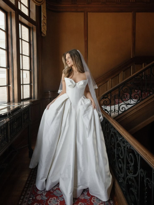 Classic Ball Gown Sweetheart Neck White Satin Long Train Wedding Dress DP5836