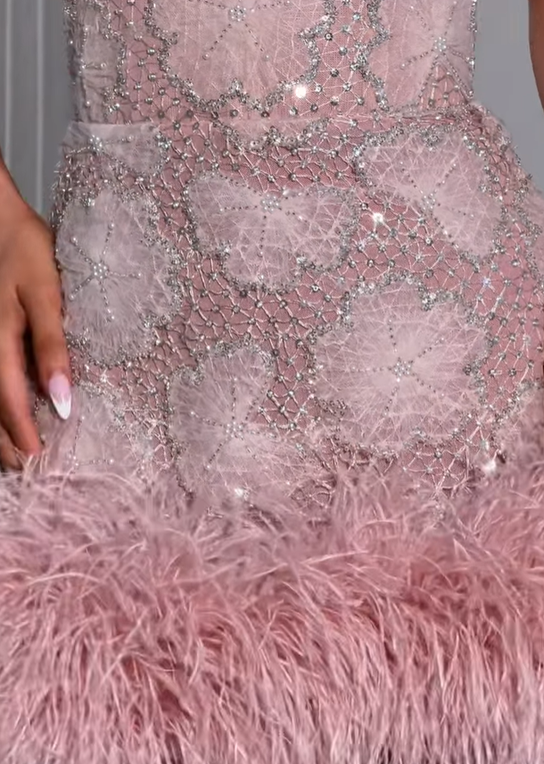 Glamorous Light Pink A Line V Neck Feather Tulle Short Prom Dress Homecoming Dress DP6208