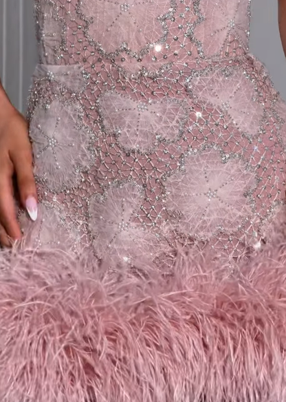 Glamorous Light Pink A Line V Neck Feather Tulle Short Prom Dress Homecoming Dress DP6208