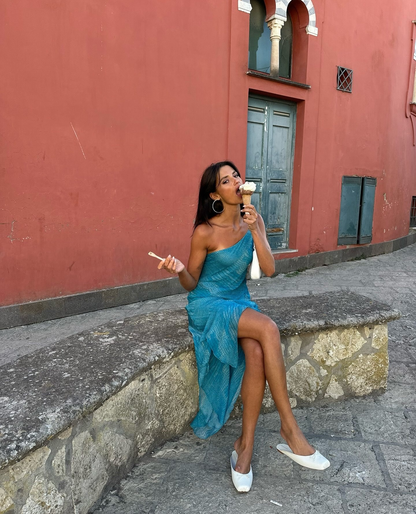 Sexy A Line One Shoulder Blue Chiffon Short Homecoming Dress Outfits Dress DP4743