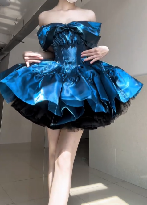 Stunning Blue A Line Off the Shoulder Bow Satin Short Prom Dress Homecoming Dress DP4559