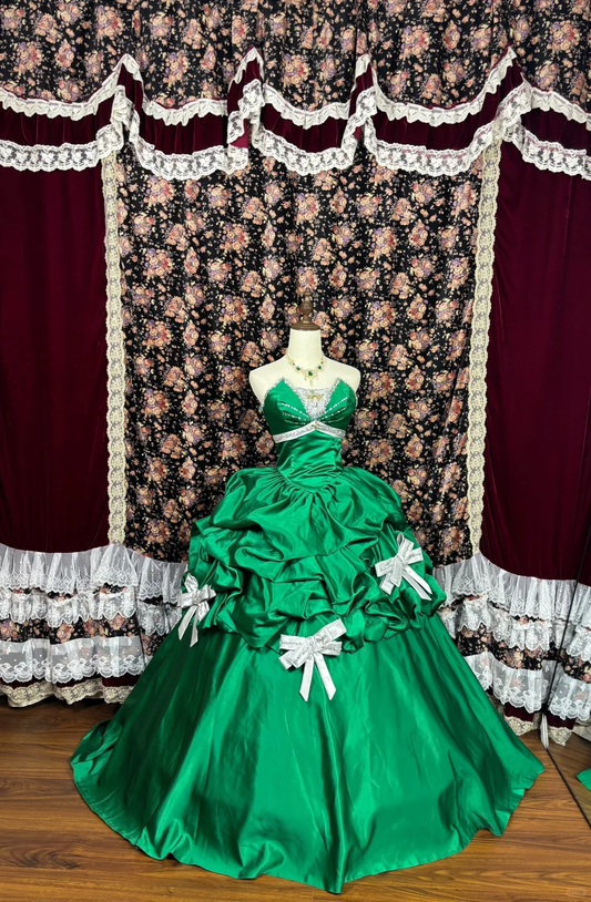 Green Retro Ball Gown Strapless Pleated Beaded Satin Prom Dress Formal Dress with Bow DP3209