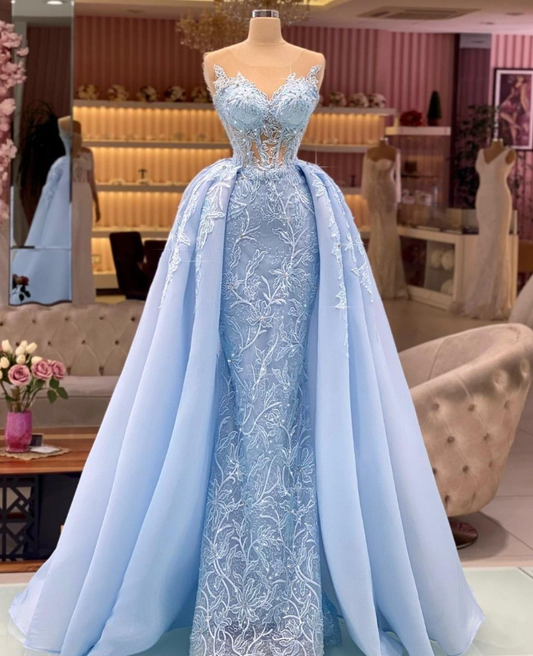 Elegant A Line Strapless Blue Lace Organza Prom Dress Party Dress Evening Dress DP3527