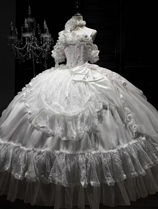 White Rose Ball Gown Off the Shoulder Lace Tulle Lolita Goth Boning Dress Prom Dress DP4508