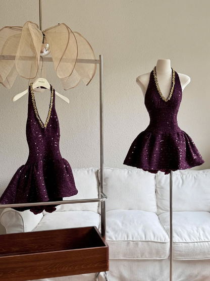 A Line V Neck Sequins Rhinstone Satin Open Back Short Homecoming Dress DP1409