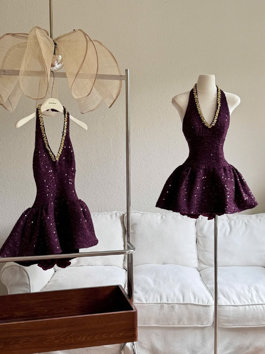 A Line V Neck Sequins Rhinstone Satin Open Back Short Homecoming Dress DP1409