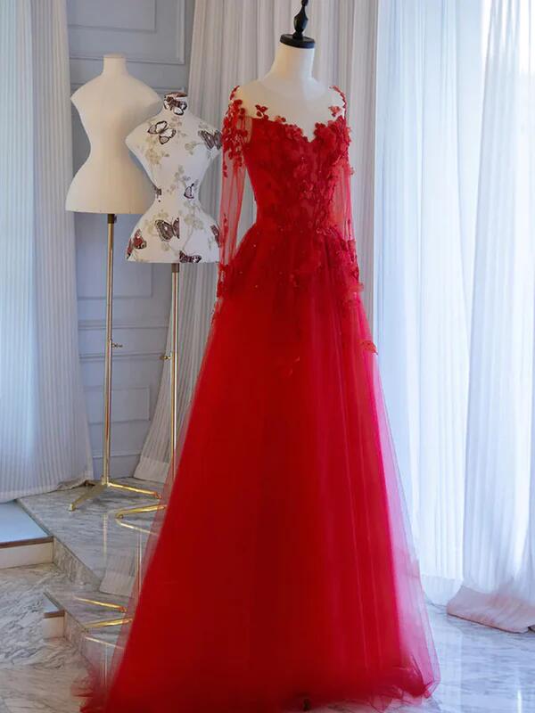 Pretty Red Tulle Appliques Long Prom Dress Elegant Evening Dress Wedding Dress DP137