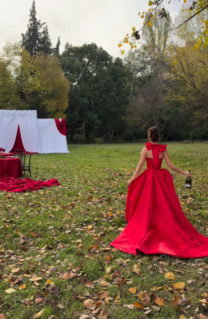 Red Ball Gown Halter Bow Satin Long Sweep Backless Prom Dress Birthday Party Dress DP4911