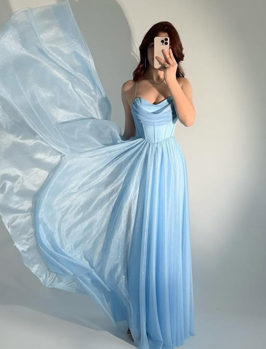 Elegant Blue A Line Spaghetti Strap Organza Long Prom Dress Wedding Guest Dress DP4076