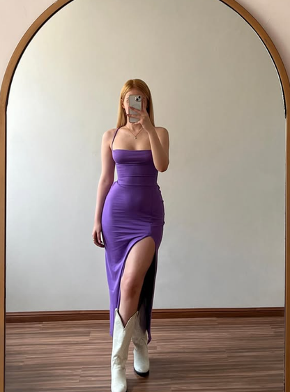 Simple Purple Sheath Spaghetti Strap Satin Backless Prom Dress Evening Dress DP6488