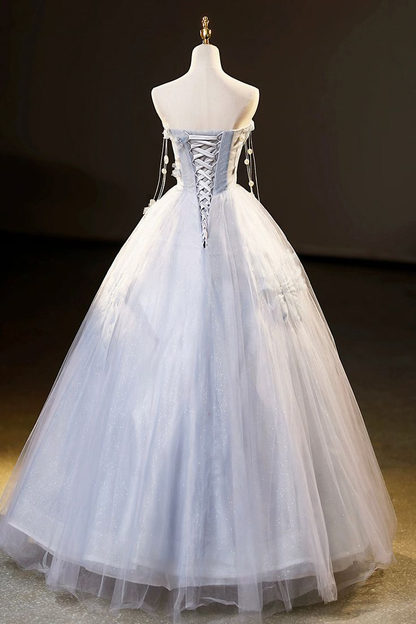 Fairy Blue Tulle Floor Length Prom Dress Off the Shoulder Evening Party Dress DP625