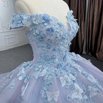 Beautiful 3D Flowers Prom Dress Purple Tulle Butterflies Beaded Quinceañera Dress Sweet Sixteen Pageant Long Party Gown DP188