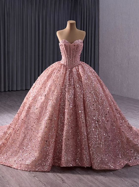 Luxurious Pink Ball Gown Sequin Beading Prom Dress Brithday Dress Quinceanerd Dress DP693