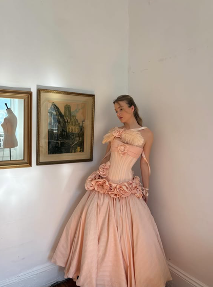 Light Pink Princess A Line Strapless 3D Flower Satin Long Prom Dress Evening Dress DP6794