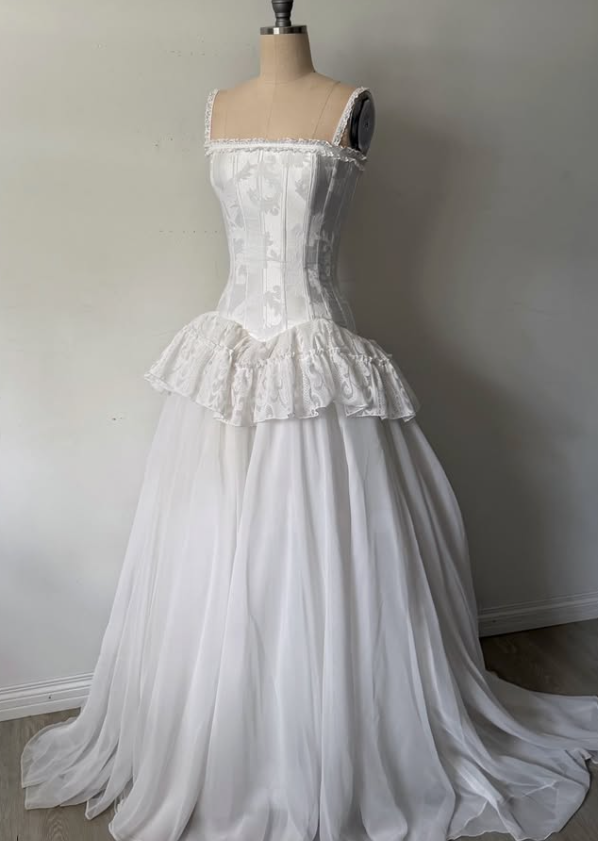 Vintage White A Line Spaghetti Strap Print Satin Chiffon Long Prom Dress Evening Dress DP7884