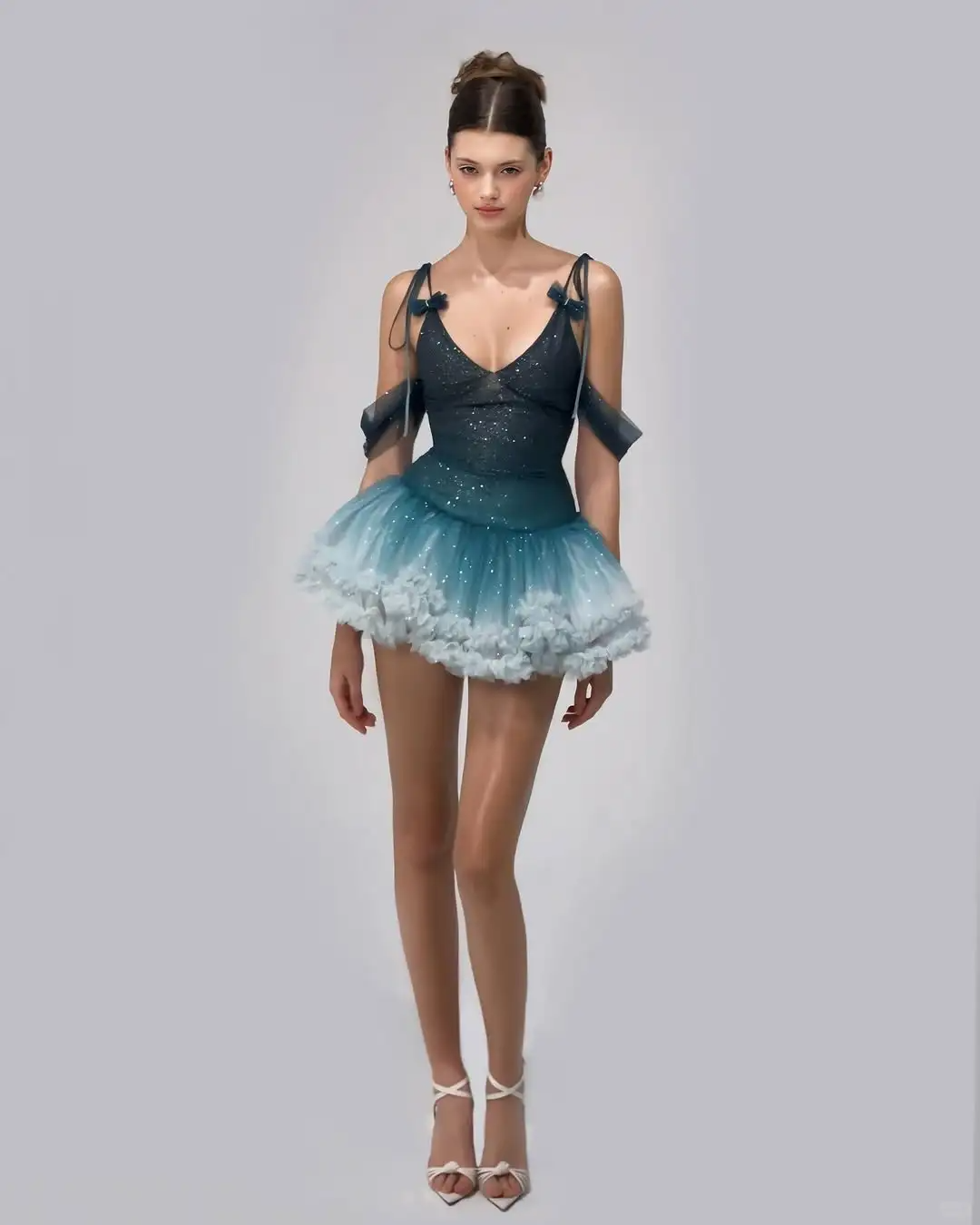 Blue Ombre A Line Off the Shoulder Sequin Tulle Short Homecoming Dress DP2825