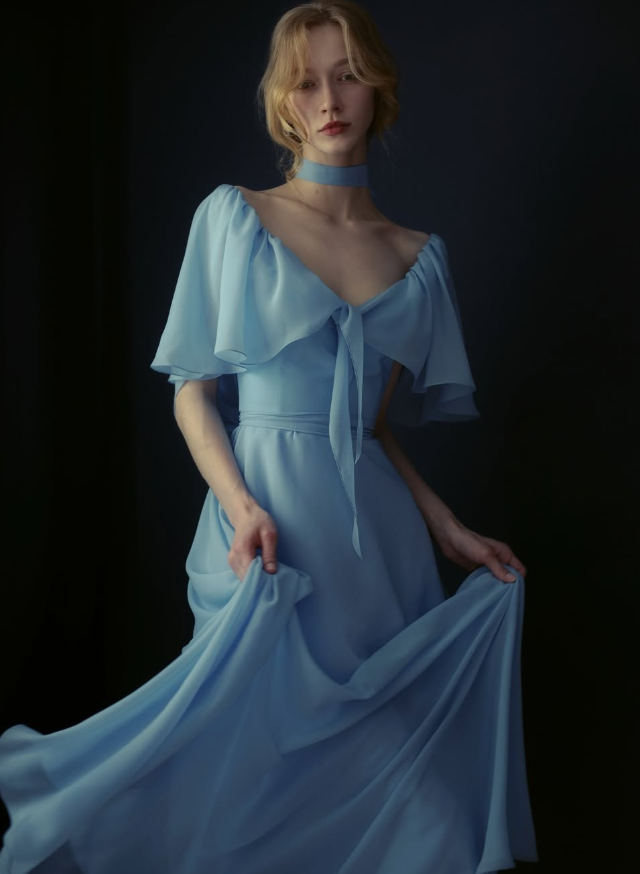 Flowy Chambray Blue A Line Long Sleeve Prom Dress Evening Dress Formal Dress DP3153