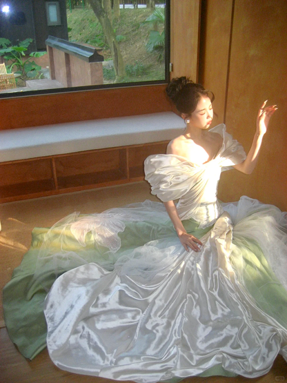 Dreamy Mermaid Off the Shoulder Beaded Green White Satin Prom Dress 18th Birthday Dress DP4461