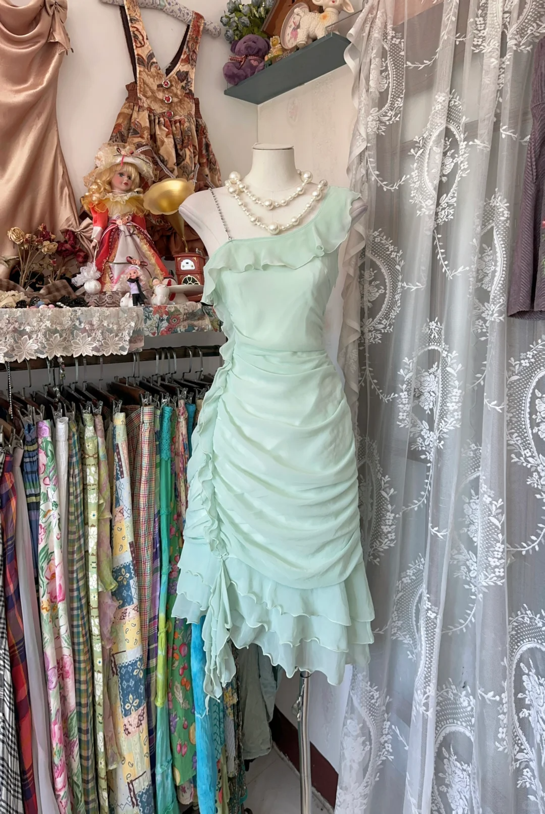 Vintage A Line One Shoulder Mint Green Ruffle Chiffon Short Homecoming Dress Outfits DP5003
