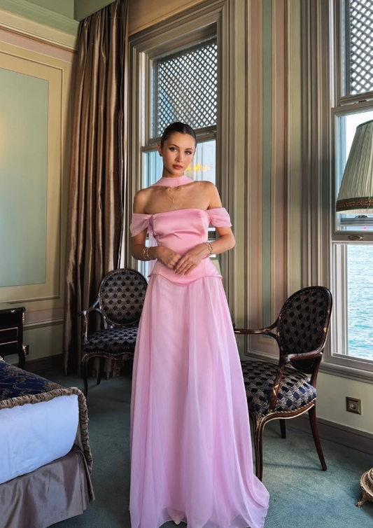 Gentle Pink A Line Off the Shoulder Chiffon Satin Prom Dress Evening Dress Formal Dress DP3212
