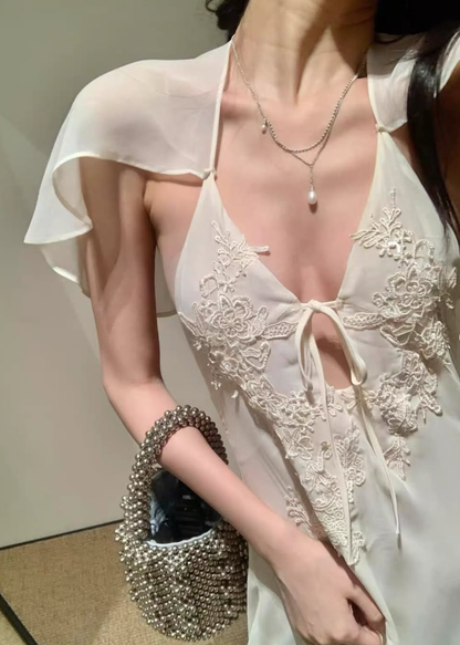 Romantic A Line V Neck White Appliques Chiffon Prom Dress Evening Dress DP7925