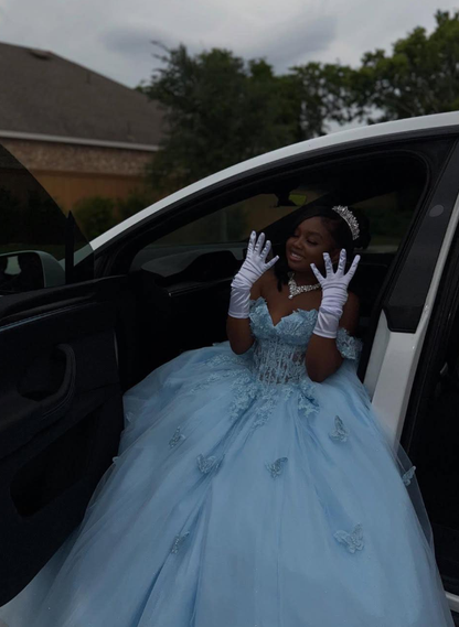 Princess Blue Ball Gown Off the Shoulder Beaded Corset Tulle 16th Birthday Dress DP5063