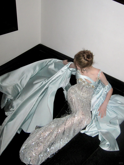 Shiny Mermaid Spaghetti Strap Blue Satin Sequin Long Sweep Party Dress Prom Dress DP2533