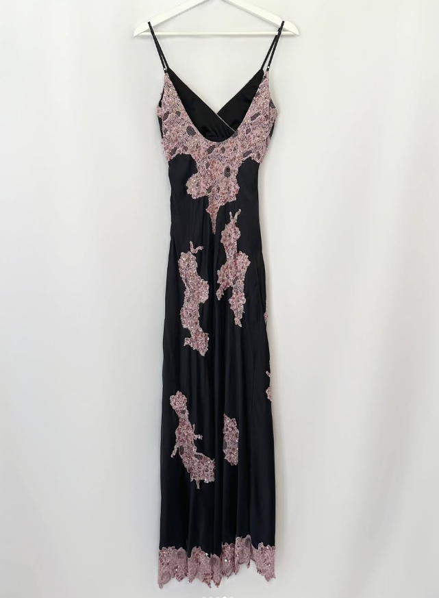 Vintage Sexy A Line Spaghetti Strap Pink Lace Black Satin Prom Dress Evening Dress Date Dress DP3039