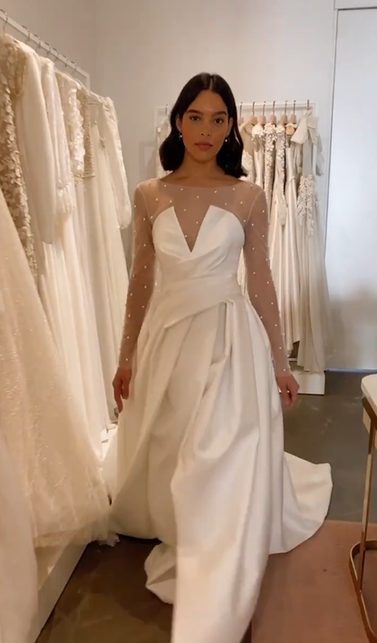 Elegant Ball Gown Long Sleeve Pearl White Tulle Satin Long Wedding Dress with Slit DP4302