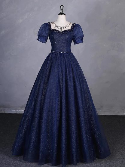 Charming Navy Blue Tulle Beading Long Party Dress  Evening Dress Ball Gown DP312