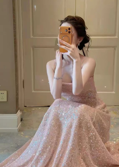 Shiny Pink A Line Spaghetti Strap Sequin Prom Dress Evening Dress DP7938