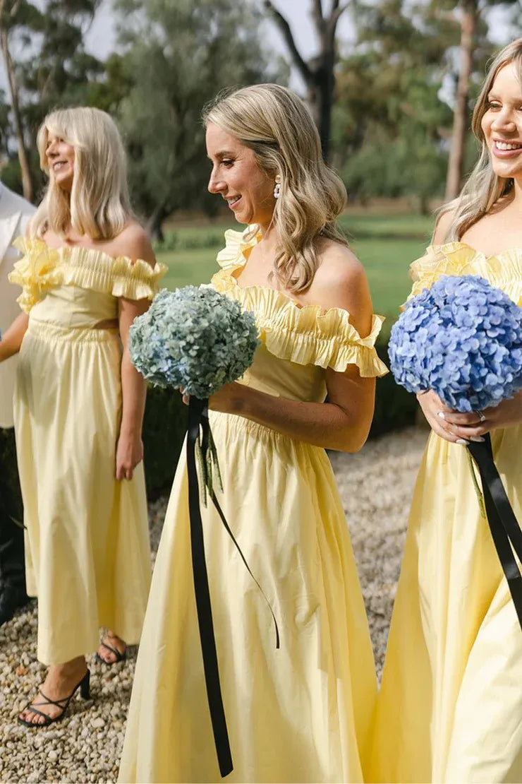 Yellow Off the Shoulder Ruffle Cotton Ankle Length Bridesmaid Dresses DP5564
