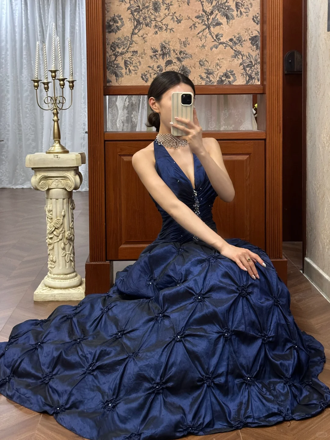 Vintage Navy Blue A Line Halter Beaded Pleated Satin Long Prom Dress DP4822