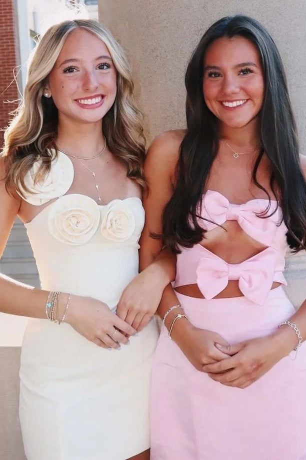 Fashionable Sheath One Shoulder Beige Short Homecoming Dress with 3D Flowers DP7073