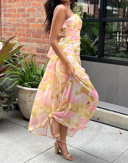 A Line Spaghetti Straps Print Flowy Chiffon Long Prom Dress Outfits with Slit DP1237