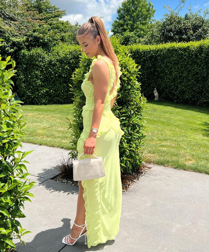 Sexy Sheath V Neck Ruffle Chiffon Prom Dress Outfits with Slit DP1227