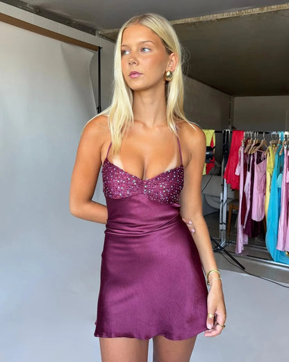 Cute Sheath Spaghetti Straps Purple Short Homecoming Dress with Beading DP7383
