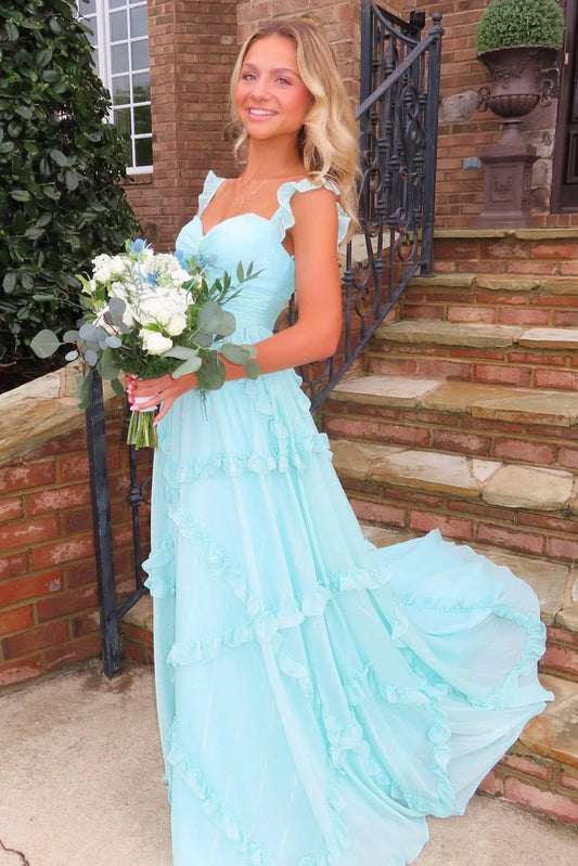 Blue A Line Straps Ruffle Chiffon Long Prom Dress Evening Dress DP1626