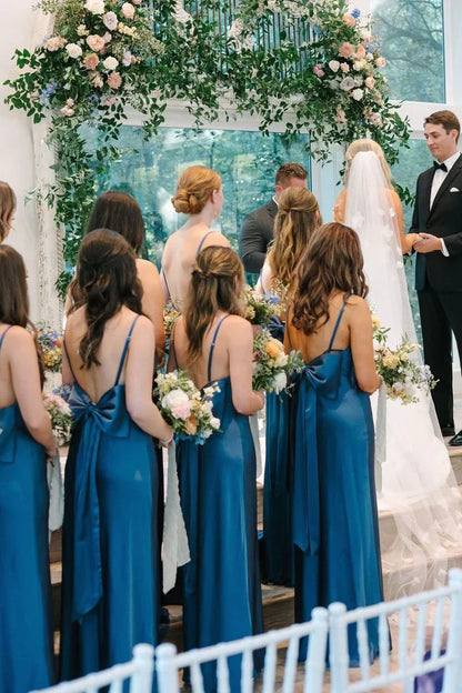 Simple Mermaid Spaghetti Straps Blue Long Bridesmaid Dresses with Bow Back DP5550