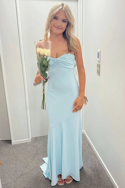 Baby Blue Mermaid Strapless Satin Backless Long Evening Dress Prom Dress DP7682