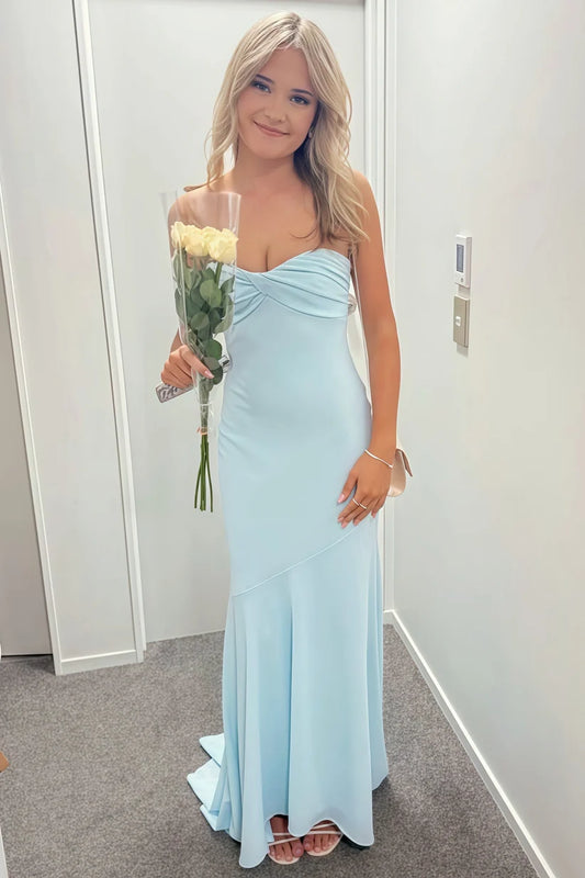 Baby Blue Mermaid Strapless Satin Backless Long Evening Dress Prom Dress DP7682