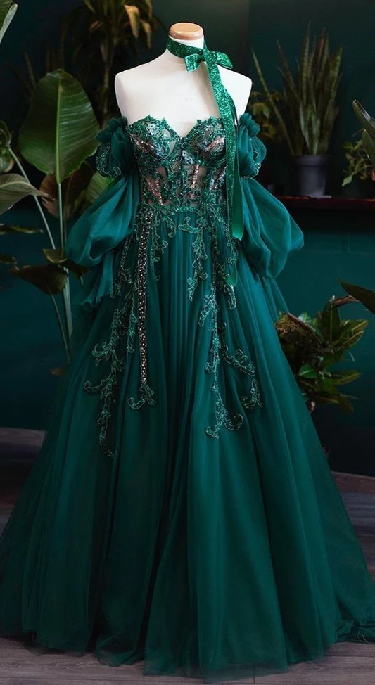 Green Vintage Appliques Lace-Up A-Line Tulle Long Prom Dress DP093