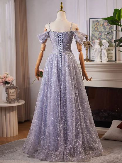 A Line Off the Shoulder Sequin Rhinestones Tulle Long Prom Dress Evening Dress DP1049