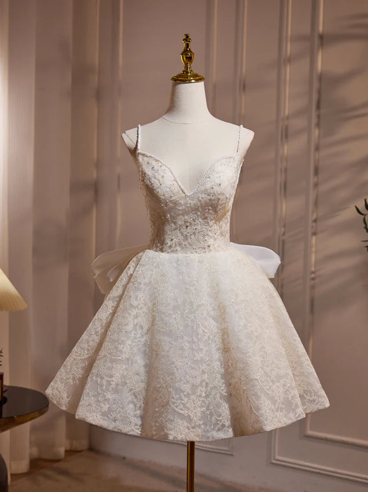 A Line V Neck Lace Bow Tulle Short Prom Dress Homecoming Dress DP1026