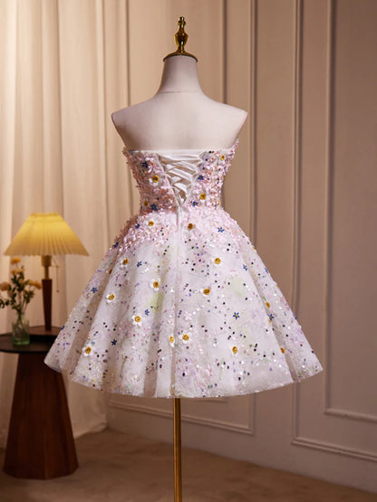 A Line Sweetheart Neck Tulle Flower Light Pink Short Homecoming Dress Cocktail Dress DP1041