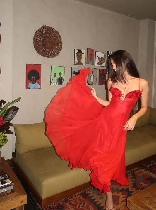 Charming Red A Line Spaghetti Strap Chiffon Backless Prom Dress Evening Dress DP6798
