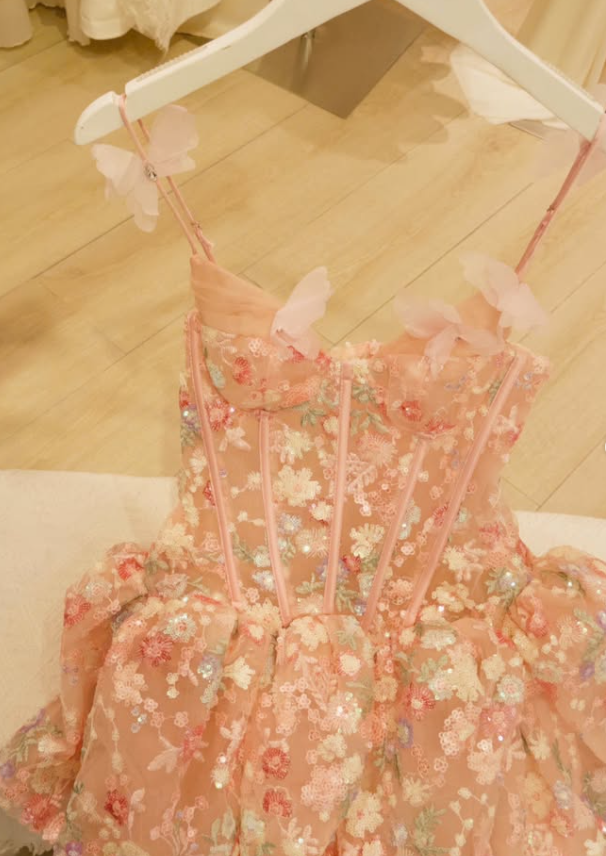 Pink A Line Strap Exquisite Embroidery Corset Tulle Short Prom Dress Homecoming Dress DP7965