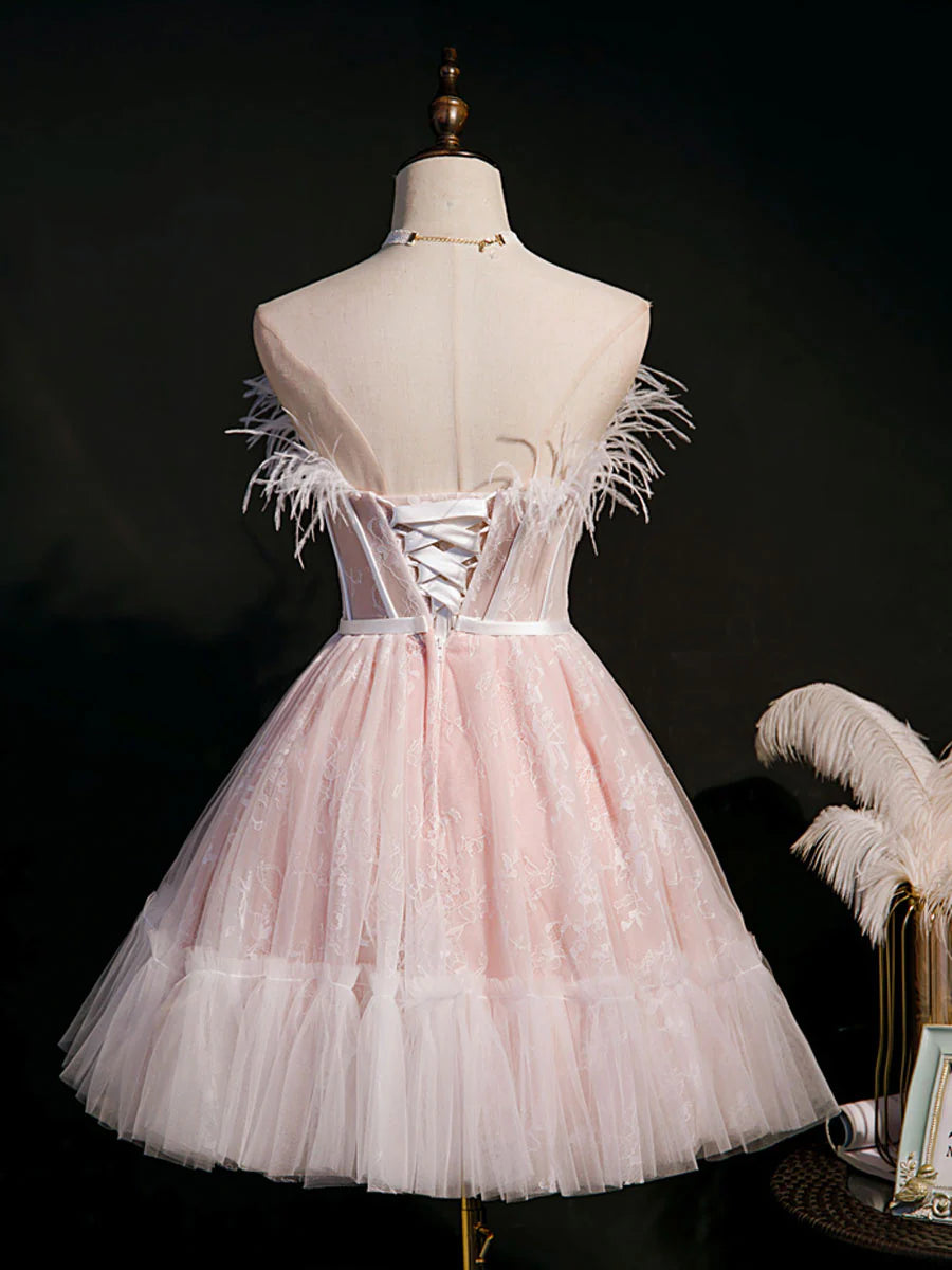 Pink Sweetheart Neck Tulle Lace Short Prom Dress Homecoming Dress DP1050