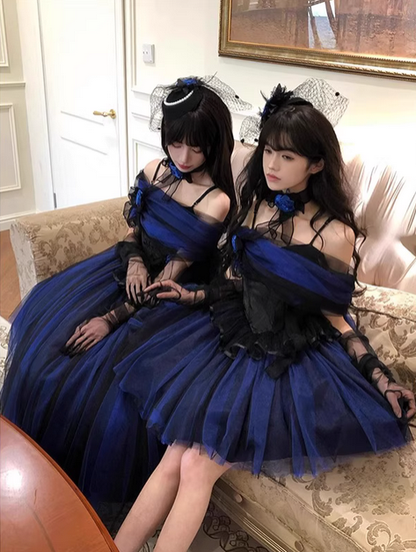 Blue Black Roses A Line Lace Tulle Lolita Goth Boning Dress Prom Dress DP4504